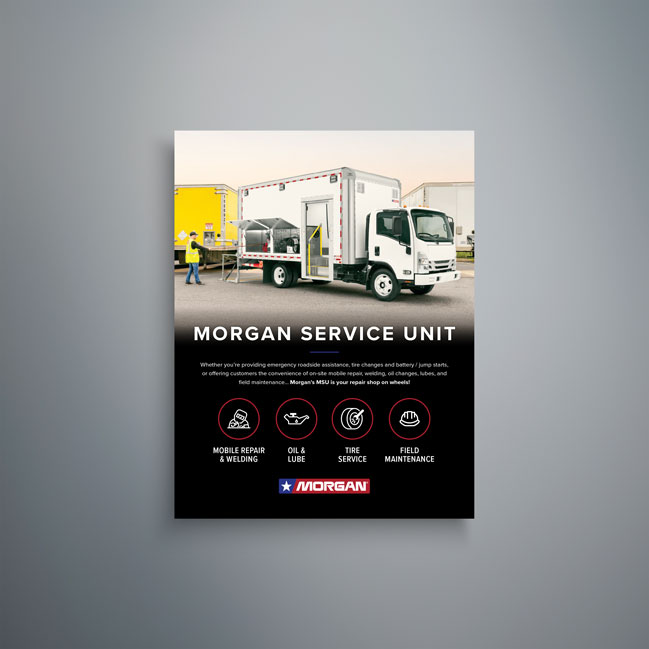 Morgan service unit truck with mobile repair equipment and open side access compartments