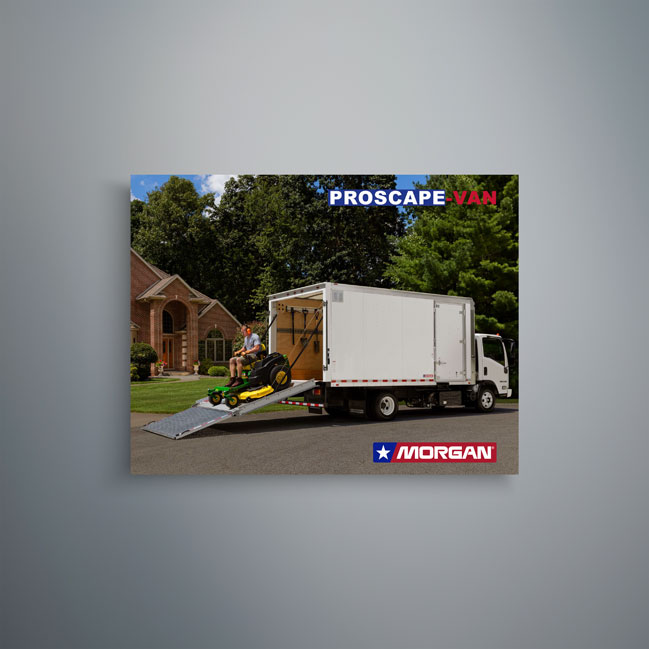 Morgan Proscape Van truck body with rear ramp unloading lawn equipment in residential setting