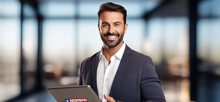 Représentant des ventes de Morgan souriant, une tablette à la main.